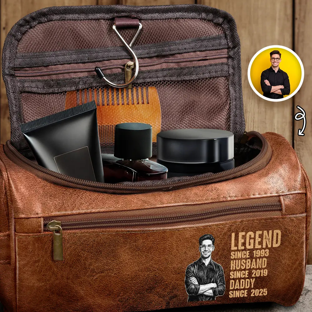 Custom Photo,Gift For Father,Gift For Grandpa,Happy,Photo - Pencil Sketch (Dark BG) - Custom Photo White Pencil Sketch Art Legend Husband Daddy Since - Personalized Leather Toiletry Bag