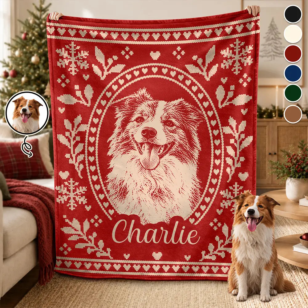 Art Design, Christmas, Pet Lovers, Photo -  Knit-Style Line Art, Happy - Custom Photo Christmas Lovely Dog Pet Portrait - Personalized Fleece Blanket, Sherpa Blanket