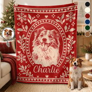 Art Design, Christmas, Pet Lovers, Photo -  Knit-Style Line Art, Happy - Custom Photo Christmas Lovely Dog Pet Portrait - Personalized Fleece Blanket, Sherpa Blanket