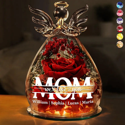 Mom Grandma Flower We Love You - Personalized Flower In Glass Angel Figurine