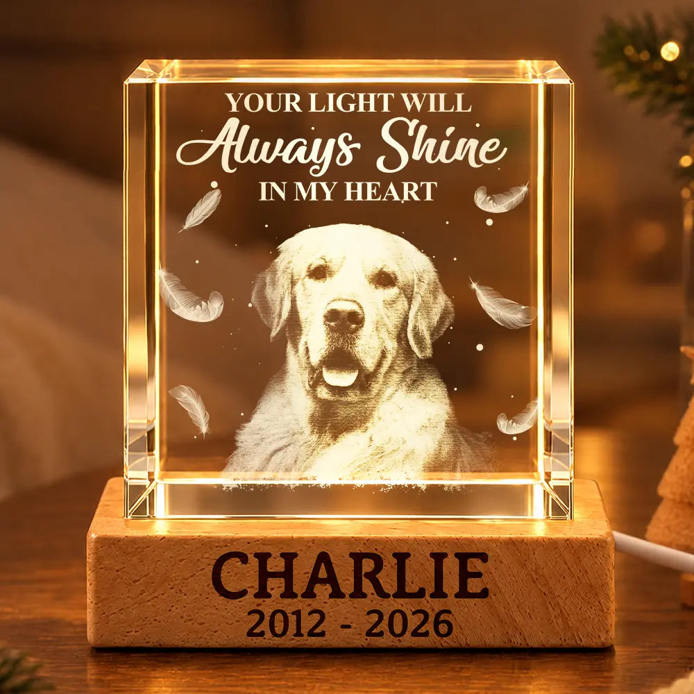 Cozy,Custom Photo,Indoor Decor,Memorial,Pet Lovers,Pet Memorial,Remove BG Photo - Pet Memorial Gift For Dog Lovers - Personalized Custom Photo Your Light Will Always Shine Crystal Cube Lamp