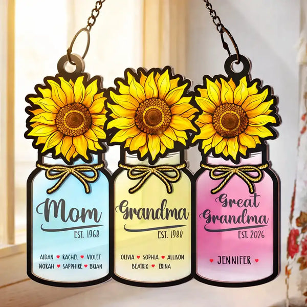 Flower Mason Jar Mom Grandma Great Grandma - Personalized Window Hanging Suncatcher Ornament