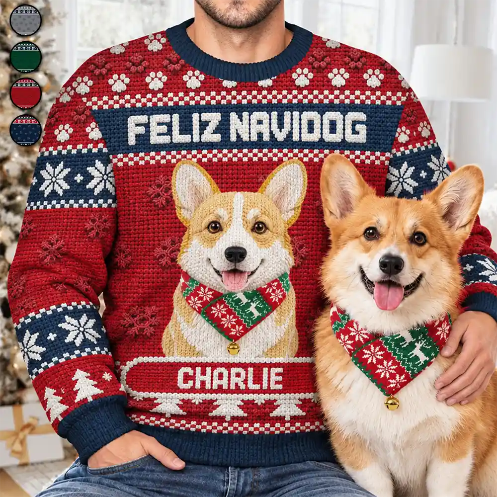 Art Design, Christmas, Custom Photo, Pet Lovers, Photo - Crochet Pet, Playful - Christmas Gift For Pet Lovers - Personalized Custom Photo Crochet Pet Feliz Navidog Unisex Ugly Sweater