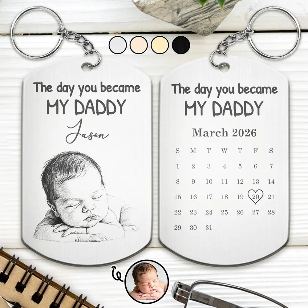 Custom Photo Pencil Sketch Calendar The Day You Became My Mom Dad - Personalized Aluminum Keychain