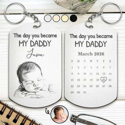 Custom Photo Pencil Sketch Calendar The Day You Became My Mom Dad - Personalized Aluminum Keychain