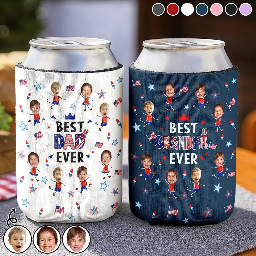 Gift For Mother,Gift For Grandma,Happy,Gift For Father,Gift For Grandpa,Independence Day,Photo,Icon,Humorous - Custom Photo Stars & Stripes Best Dad Mom Grandpa Grandma Ever - Personalized Can Cooler Sleeve