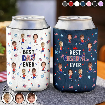 Custom Photo Stars & Stripes Best Dad Mom Grandpa Grandma Ever - Personalized Can Cooler Sleeve