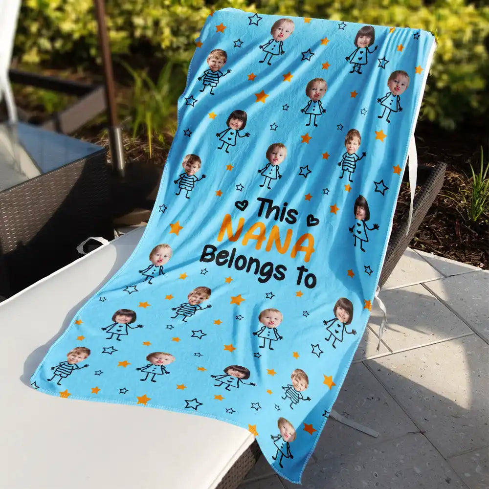 Gift For Grandma,Gift For Mother,Love,Stick Figure - Custom Photo This Grandpa Grandma Dad Mom Belongs To Kids Pet - Personalized Beach Towel