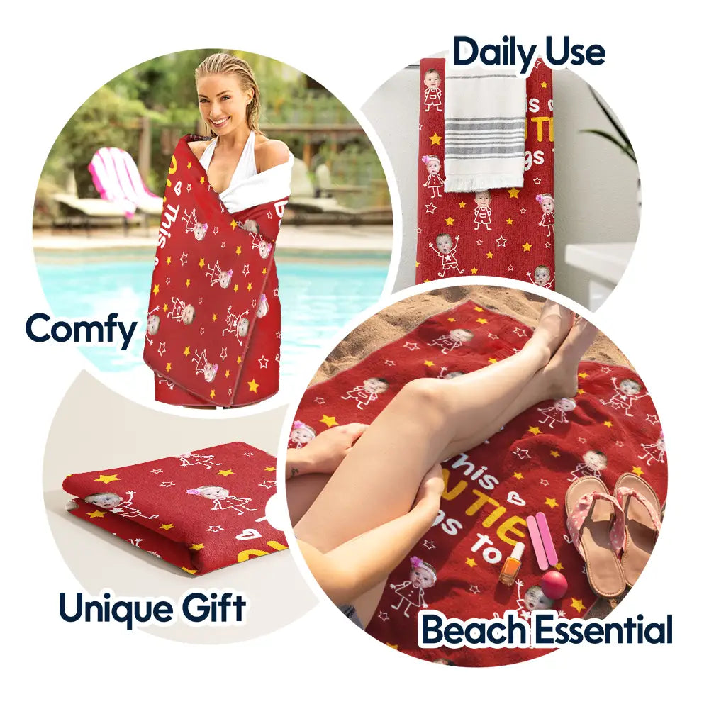 Gift For Grandma,Gift For Mother,Love,Stick Figure - Custom Photo This Grandpa Grandma Dad Mom Belongs To Kids Pet - Personalized Beach Towel