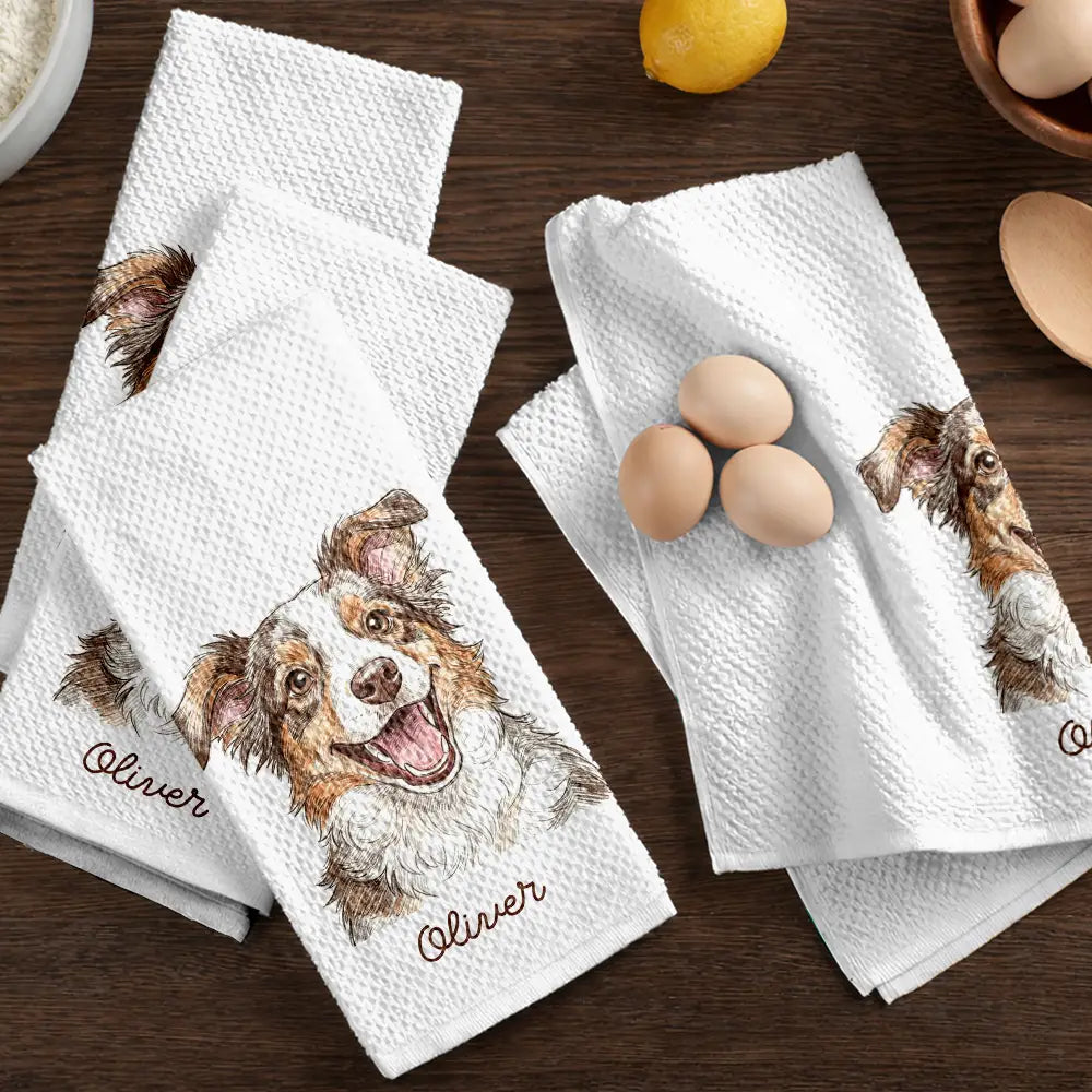 Photo - Colored Pencil ,Non-Eng,Happy,Dog Lovers,Pet Lovers,Cat Lovers - Custom Photo Colored Pencil Sketch Funny Dog Cat Pet - Personalized Kitchen Towel