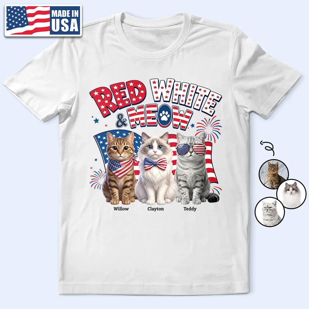 America 250th,Custom Photo,Independence Day,Art Design,Pet Lovers,Playful,Photo - US Theme Accessories 3D Cartoon - Custom Photo 3D Cartoon With US Accessories Red White Meow - Personalized T Shirt