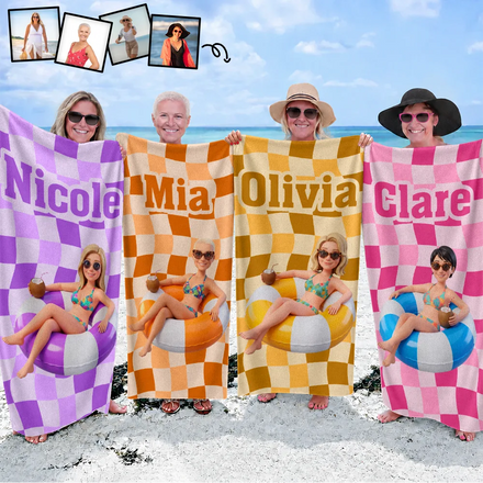 Custom Photo 3D Summer Concept Poolside Beach Vacation Family Pet Kid - Personalized Beach Towel