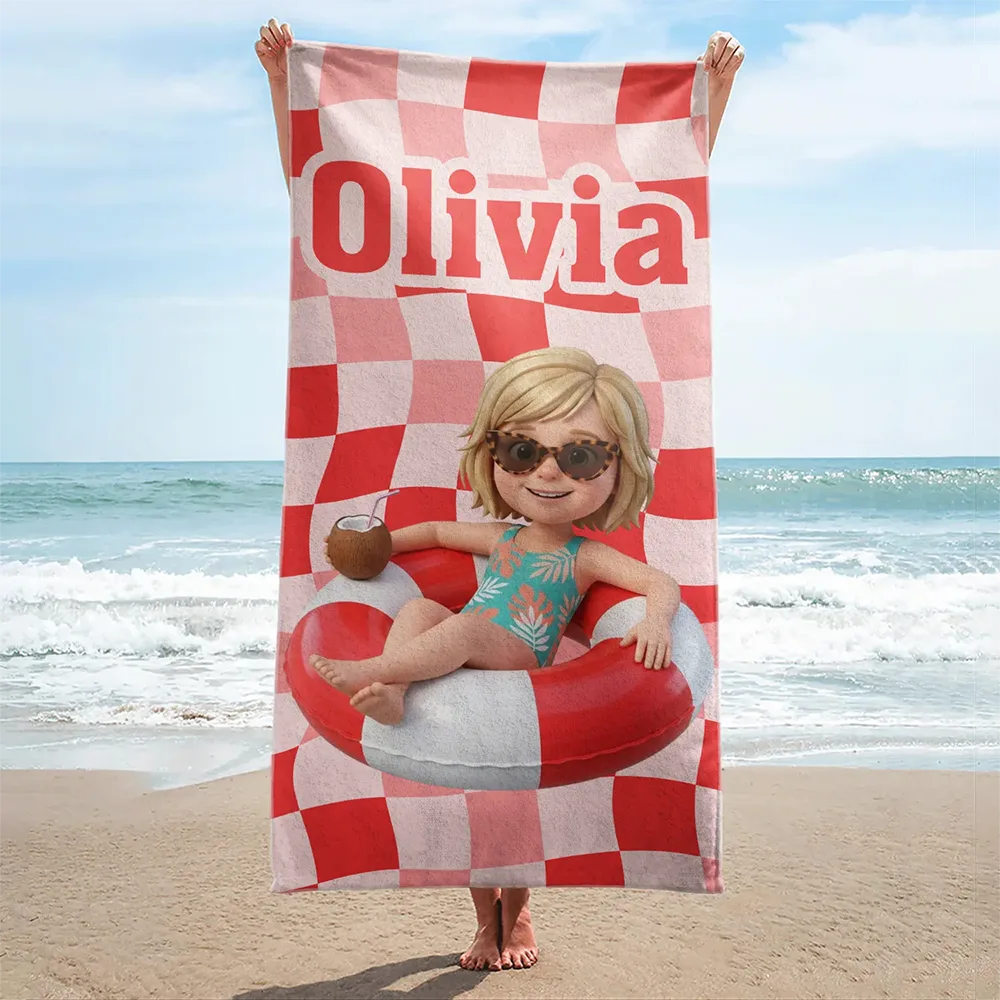 Summer, Family, Playful - Custom Photo 3D Summer Concept Poolside Beach Vacation Family Pet Kid - Personalized Beach Towel