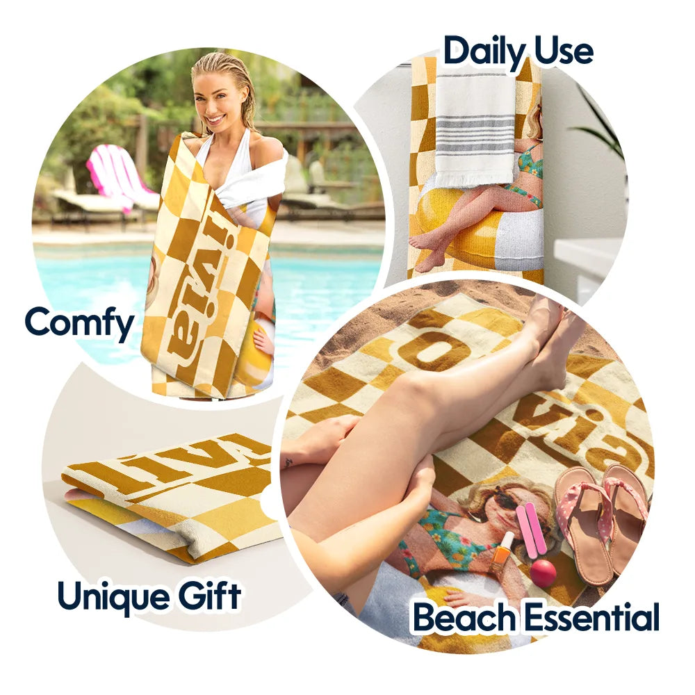 Summer, Family, Playful - Custom Photo 3D Summer Concept Poolside Beach Vacation Family Pet Kid - Personalized Beach Towel