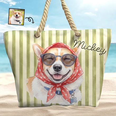 Custom Photo Watercolor Pet With Summer Accessories Pet Portrait - Personalized Beach Bag
