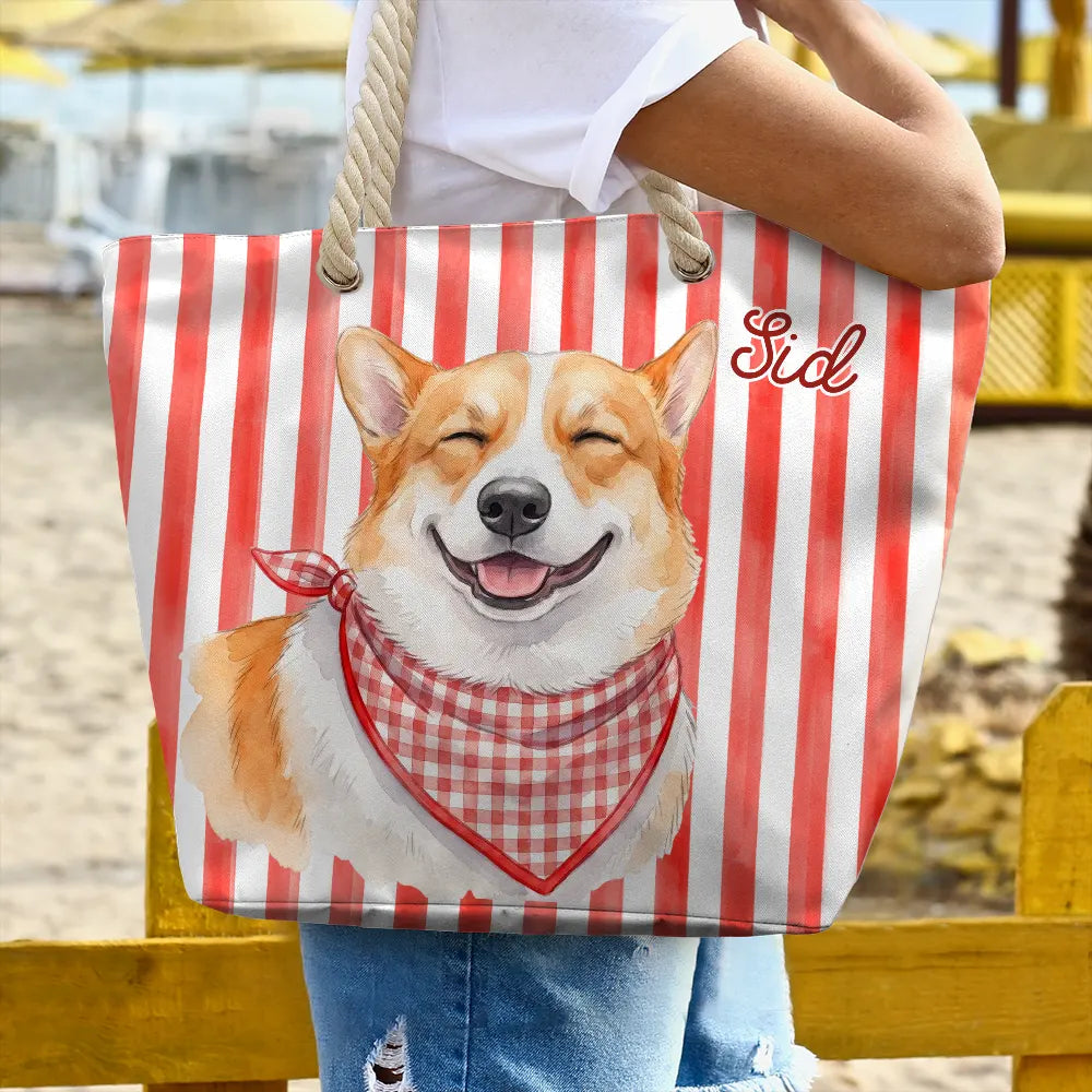 Custom Photo, Art Design, Summer, Pet Lovers, Playful, Photo - Watercolor Summer Pet With Accessories - Custom Photo Watercolor Pet With Summer Accessories Pet Portrait - Personalized Beach Bag
