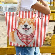 Custom Photo, Art Design, Summer, Pet Lovers, Playful, Photo - Watercolor Summer Pet With Accessories - Custom Photo Watercolor Pet With Summer Accessories Pet Portrait - Personalized Beach Bag