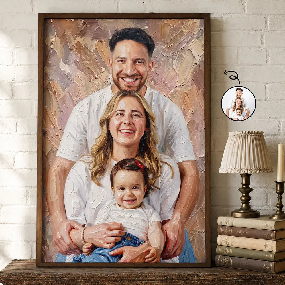 Art Design, Custom Photo, Cozy, Family, Photo - Oil Painting - Custom Photo Oil Painting Happy Family Dad Mom Kid Pet - Personalized Poster