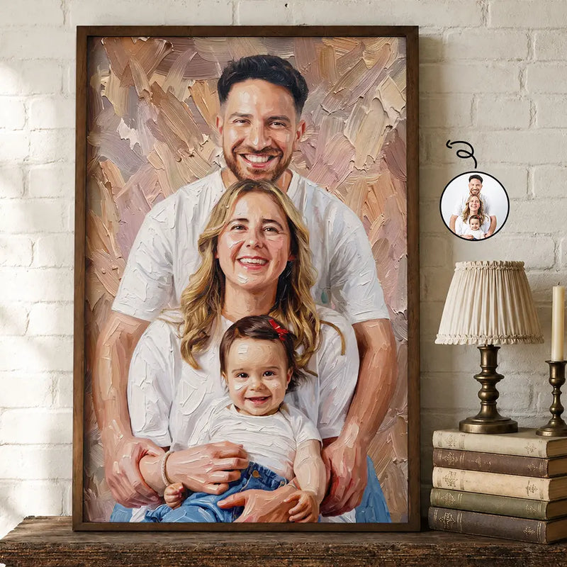Art Design, Custom Photo, Cozy, Family, Photo - Oil Painting - Custom Photo Oil Painting Happy Family Dad Mom Kid Pet - Personalized Poster
