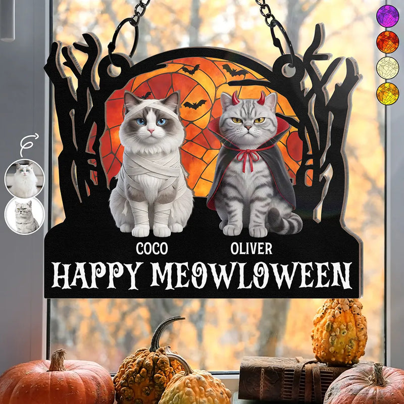 Art Design,Playful,Halloween,Pet Lovers,Photo - Halloween Theme Accessories 3D Cartoon - Custom Photo 3D Halloween Themed Pet Happy Meowloween - Personalized Window Hanging Suncatcher Ornament