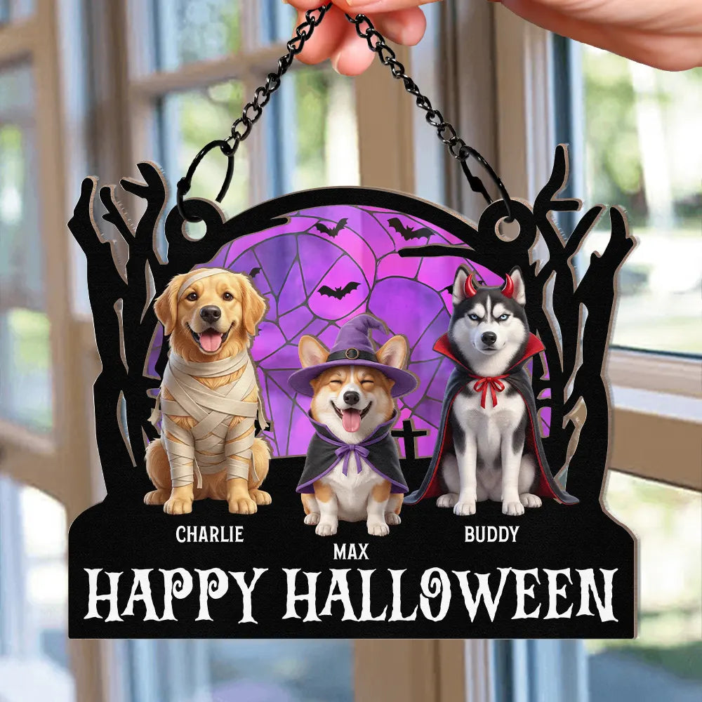 Art Design,Playful,Halloween,Pet Lovers,Photo - Halloween Theme Accessories 3D Cartoon - Custom Photo 3D Halloween Themed Pet Happy Meowloween - Personalized Window Hanging Suncatcher Ornament
