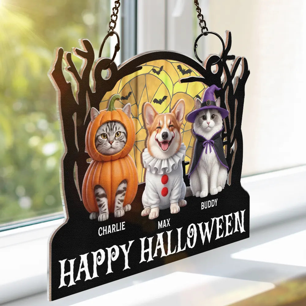 Art Design,Playful,Halloween,Pet Lovers,Photo - Halloween Theme Accessories 3D Cartoon - Custom Photo 3D Halloween Themed Pet Happy Meowloween - Personalized Window Hanging Suncatcher Ornament