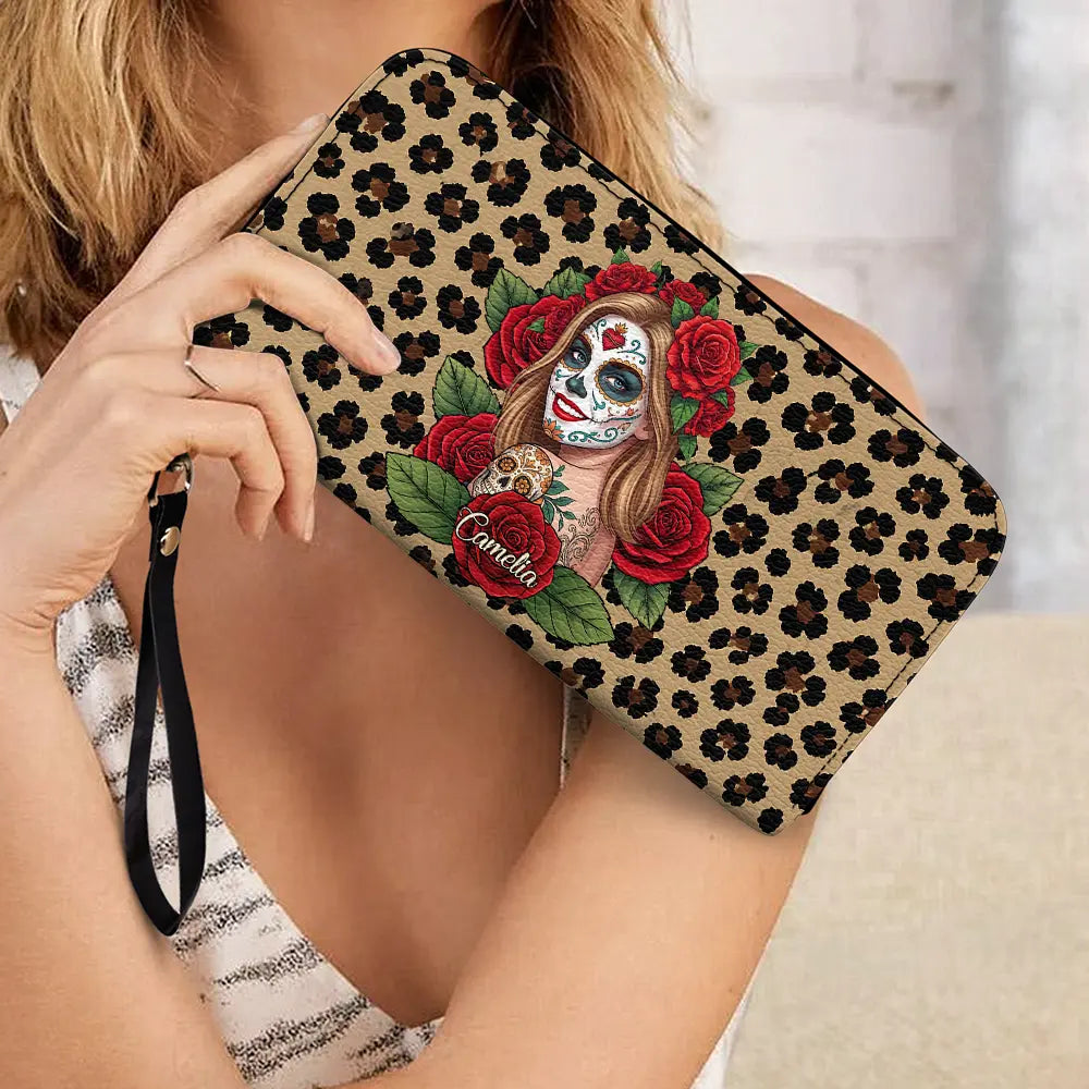 Art Design,Confident,Halloween,Gift For Yourself,Hispanic,Photo - Mexican Skull Woman Man - Custom Photo Sugar Skull Always Chingona Sometimes Cabrona But Never Pendeja Hispanic - Personalized Leather Long Wallet