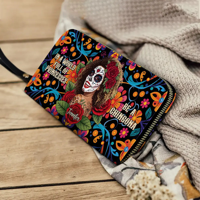 Art Design,Confident,Halloween,Gift For Yourself,Hispanic,Photo - Mexican Skull Woman Man - Custom Photo Sugar Skull Always Chingona Sometimes Cabrona But Never Pendeja Hispanic - Personalized Leather Long Wallet