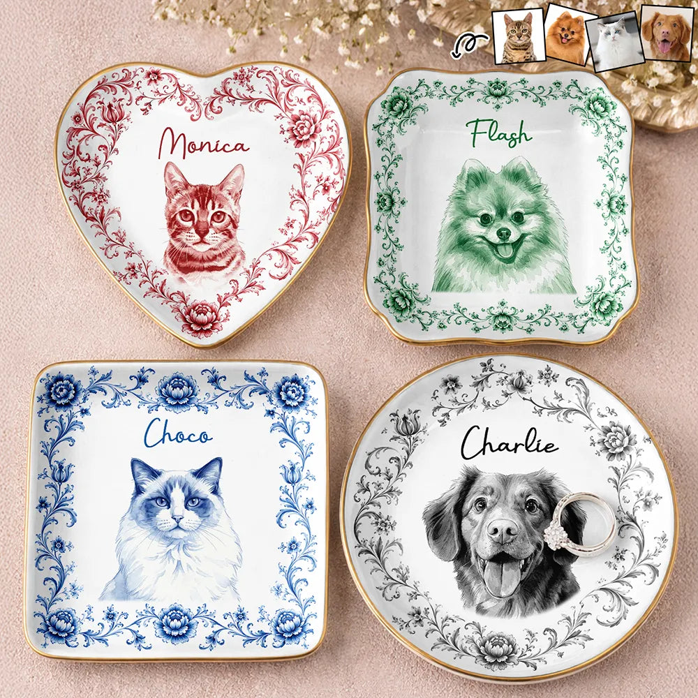 Art Design,Cozy,Pet Lovers,Photo - Porcelain Art Style - Custom Photo Single-Color Watercolor Loving Dog Cat Pet Portrait - Personalized Ring Dish