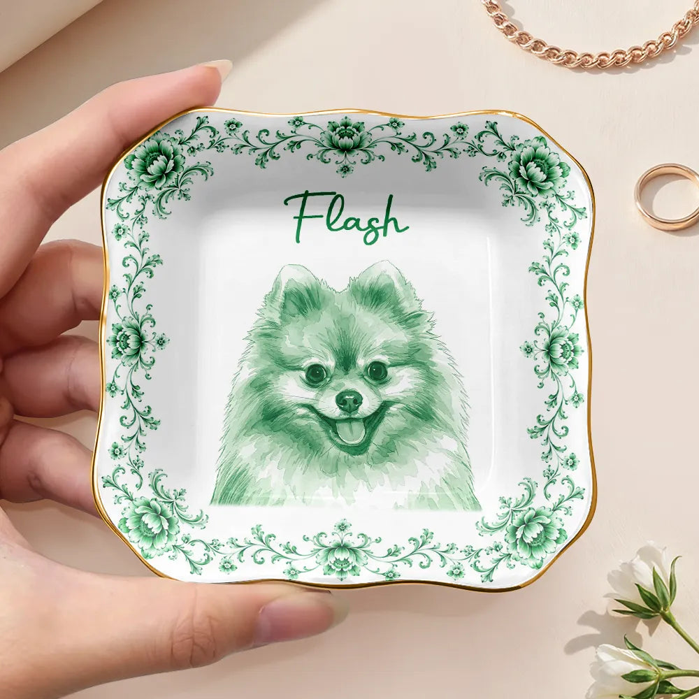 Art Design,Cozy,Pet Lovers,Photo - Porcelain Art Style - Custom Photo Single-Color Watercolor Loving Dog Cat Pet Portrait - Personalized Ring Dish