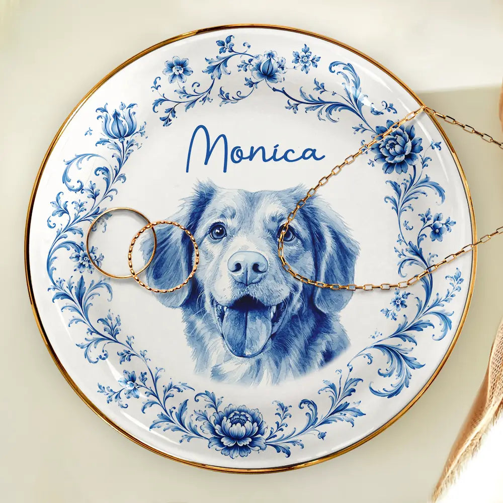 Art Design,Cozy,Pet Lovers,Photo - Porcelain Art Style - Custom Photo Single-Color Watercolor Loving Dog Cat Pet Portrait - Personalized Ring Dish