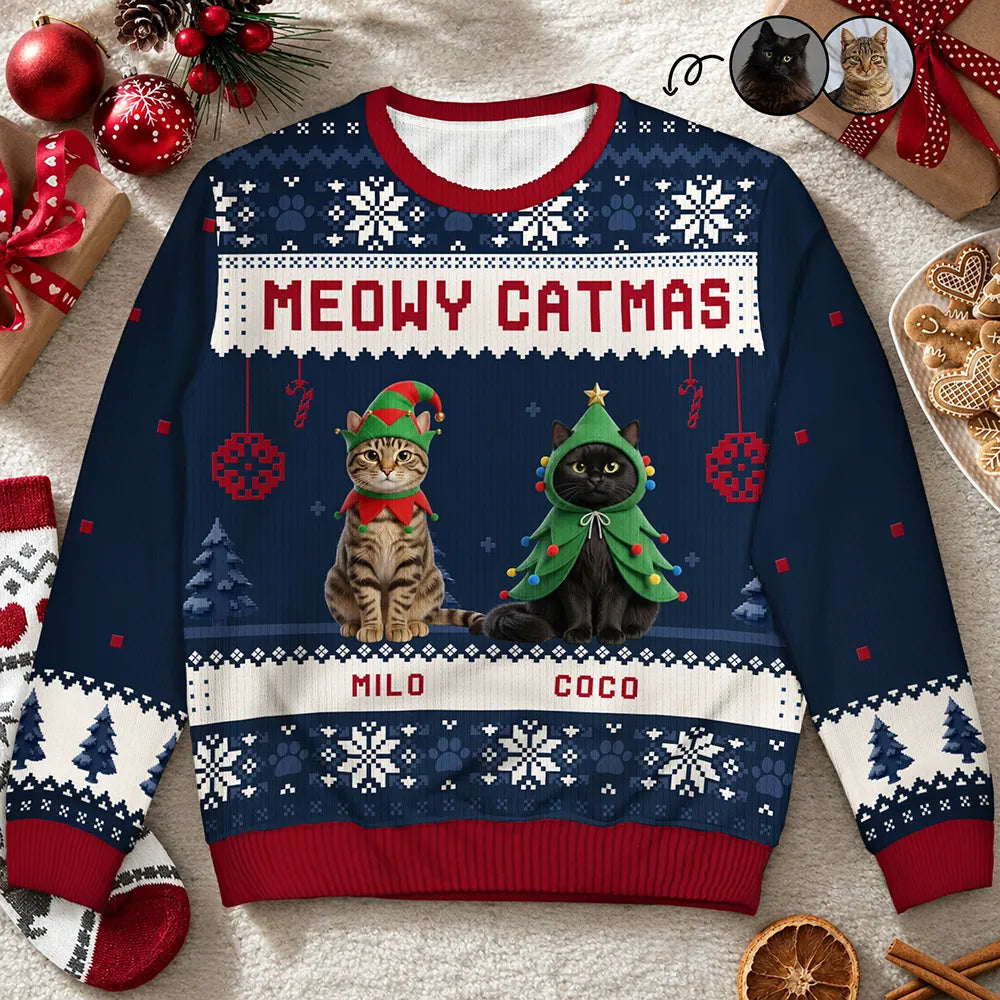 Art Design,Playful,Christmas,Pet Lovers,Photo - Christmas Accessories 3D Cartoon Pet - Custom Photo 3D Christmas Themed Pet Meowy Catmas Feliz Navidog - Personalized Unisex Ugly Sweater