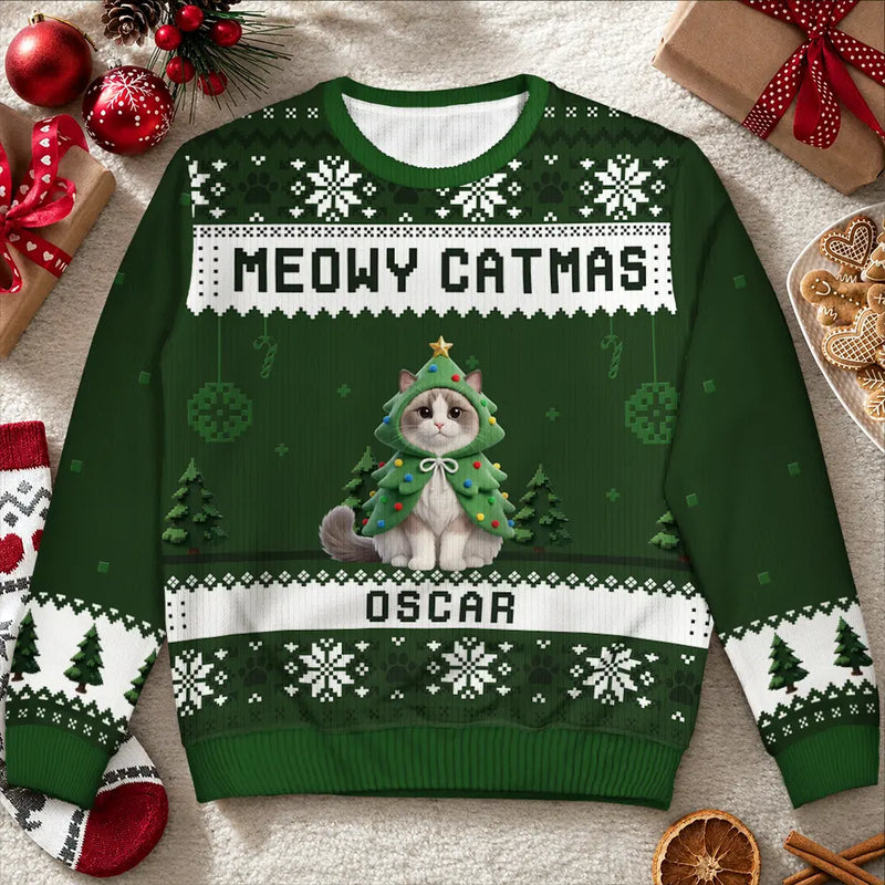 Art Design,Playful,Christmas,Pet Lovers,Photo - Christmas Accessories 3D Cartoon Pet - Custom Photo 3D Christmas Themed Pet Meowy Catmas Feliz Navidog - Personalized Unisex Ugly Sweater