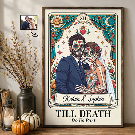 Custom Photo Sugar Skull Cartoon Couple Till Death Do Us Part - Personalized Poster
