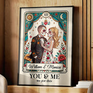 Art Design,Halloween,Romantic,Gift For Couples,Photo - Skeleton Day Of The Dead - Custom Photo Sugar Skull Cartoon Couple Till Death Do Us Part - Personalized Poster