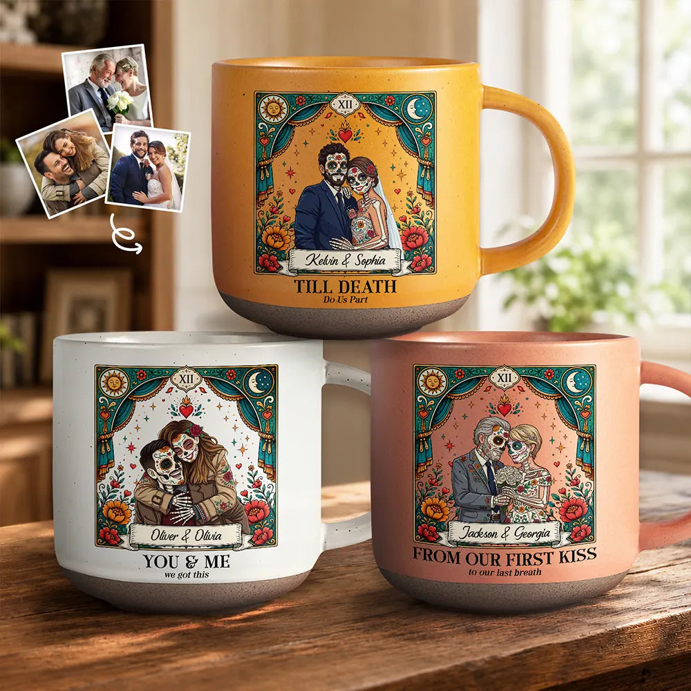 Art Design,Halloween,Romantic,Gift For Couples,Photo - Skeleton Day Of The Dead - Custom Photo Sugar Skull Cartoon Till Death Do Us Part - Personalized Pottery Mug