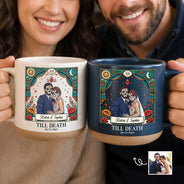 Art Design,Halloween,Romantic,Gift For Couples,Photo - Skeleton Day Of The Dead - Custom Photo Sugar Skull Cartoon Till Death Do Us Part - Personalized Pottery Mug
