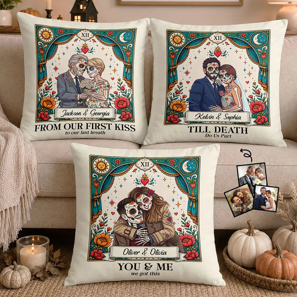 Art Design,Halloween,Romantic,Gift For Couples,Photo - Skeleton Day Of The Dead - Custom Photo Sugar Skull Cartoon - Personalized Pillow