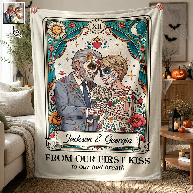 Art Design, Halloween, Romantic, Gift For Couples, Photo - Skeleton Day Of The Dead - Custom Photo Sugar Skull Cartoon Till Death Do Us Part - Personalized Fleece Blanket, Sherpa Blanket