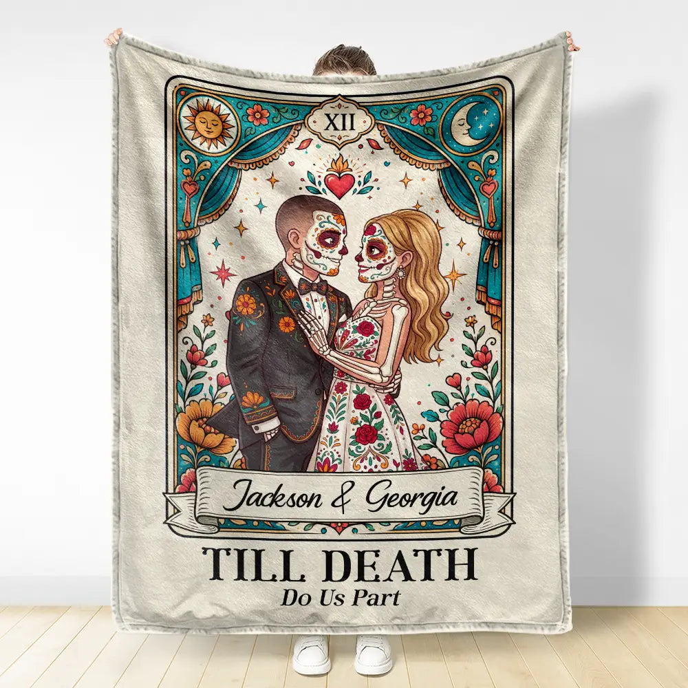 Art Design, Halloween, Romantic, Gift For Couples, Photo - Skeleton Day Of The Dead - Custom Photo Sugar Skull Cartoon Till Death Do Us Part - Personalized Fleece Blanket, Sherpa Blanket