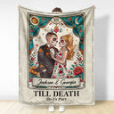 Art Design, Halloween, Romantic, Gift For Couples, Photo - Skeleton Day Of The Dead - Custom Photo Sugar Skull Cartoon Till Death Do Us Part - Personalized Fleece Blanket, Sherpa Blanket