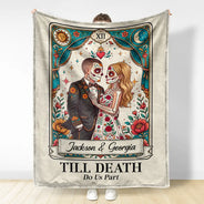 Art Design, Halloween, Romantic, Gift For Couples, Photo - Skeleton Day Of The Dead - Custom Photo Sugar Skull Cartoon Till Death Do Us Part - Personalized Fleece Blanket, Sherpa Blanket