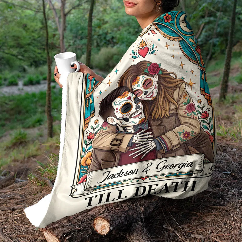 Art Design, Halloween, Romantic, Gift For Couples, Photo - Skeleton Day Of The Dead - Custom Photo Sugar Skull Cartoon Till Death Do Us Part - Personalized Fleece Blanket, Sherpa Blanket