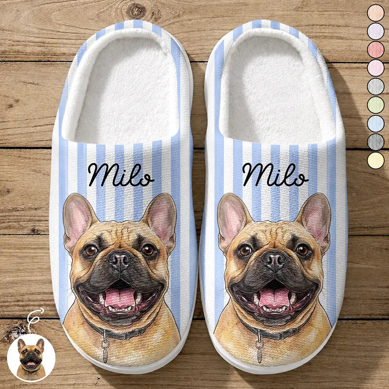 Playful, Pet Lovers, Photo - Vivid Watercolor Art - Custom Photo Vivid Watercolor Art Happy Dog Cat Pet Stripe - Personalized Fluffy Slippers