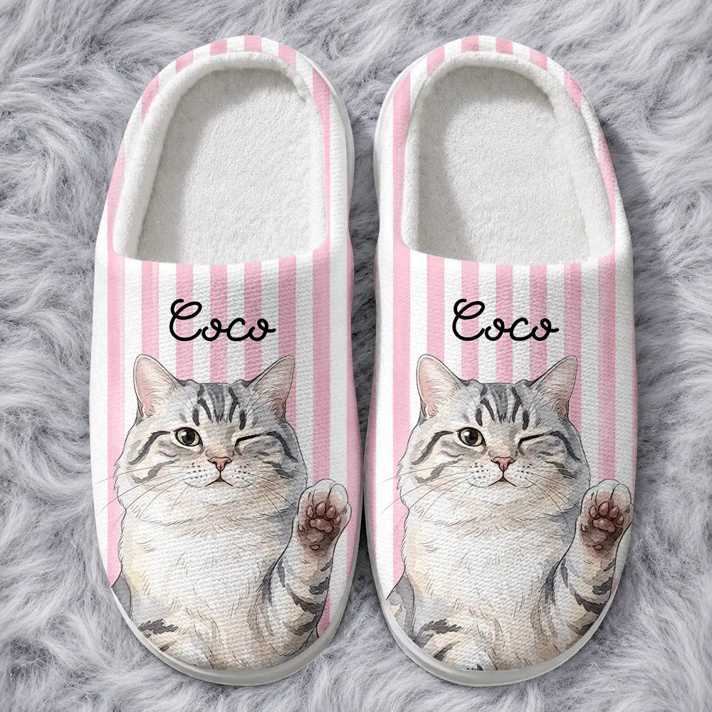 Playful, Pet Lovers, Photo - Vivid Watercolor Art - Custom Photo Vivid Watercolor Art Happy Dog Cat Pet Stripe - Personalized Fluffy Slippers