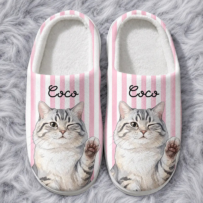 Playful, Pet Lovers, Photo - Vivid Watercolor Art - Custom Photo Vivid Watercolor Art Happy Dog Cat Pet Stripe - Personalized Fluffy Slippers