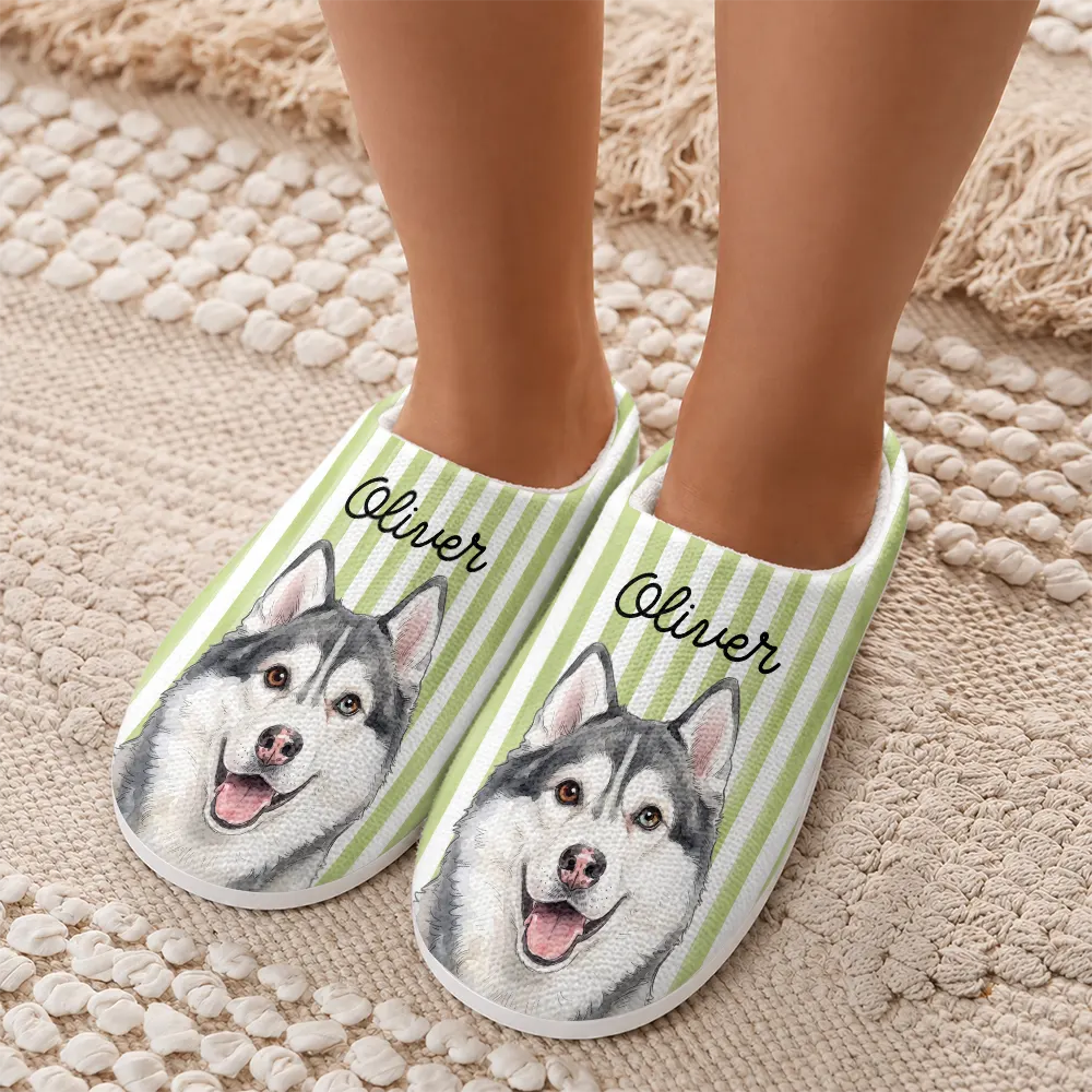 Playful, Pet Lovers, Photo - Vivid Watercolor Art - Custom Photo Vivid Watercolor Art Happy Dog Cat Pet Stripe - Personalized Fluffy Slippers