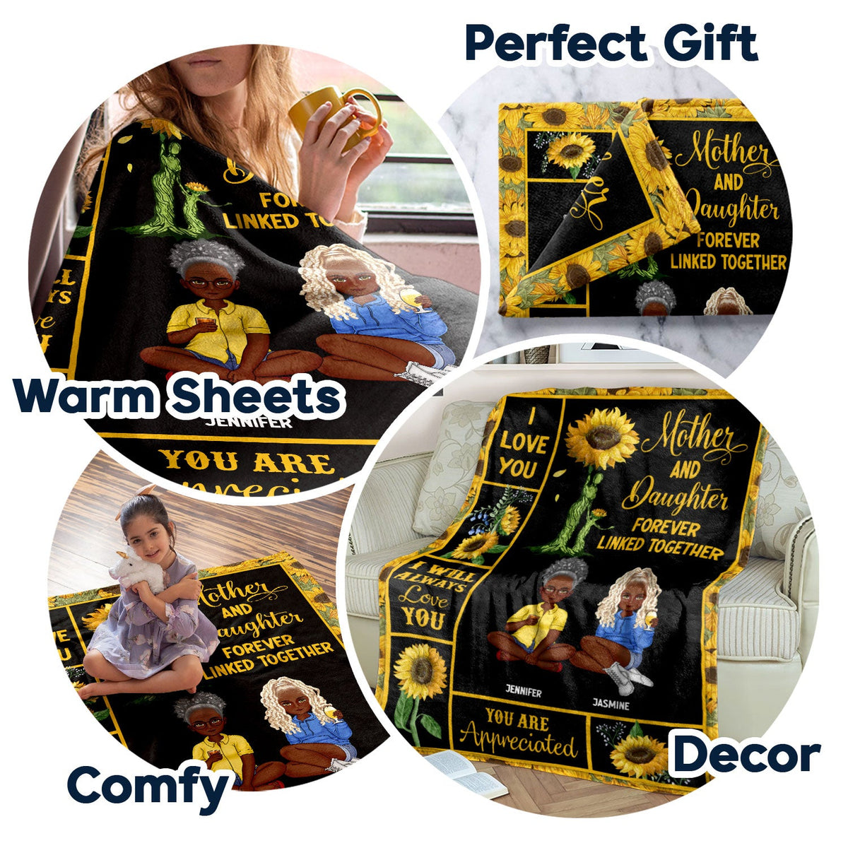 Mother & Children Sunflower Forever Linked Together - Gift For Mother - Personalized Fleece Blanket