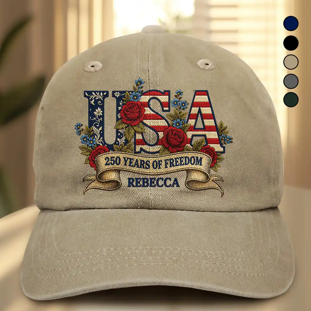 Floral USA 250th Anniversary - Personalized Vintage Washed Denim Cap