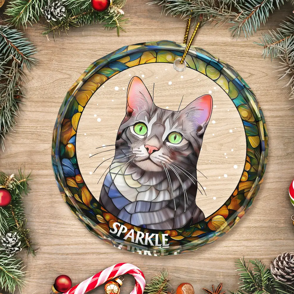 Custom Photo Portrait Dog Cat Family Christmas - Personalized Circle Glass Ornament